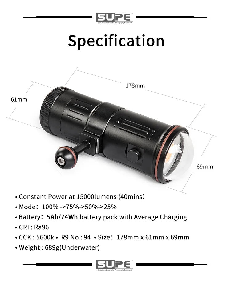 Supe Scubalamp V7k 15000-lumens Video Light 100 Meter Waterproof Scuba Diving Lamp