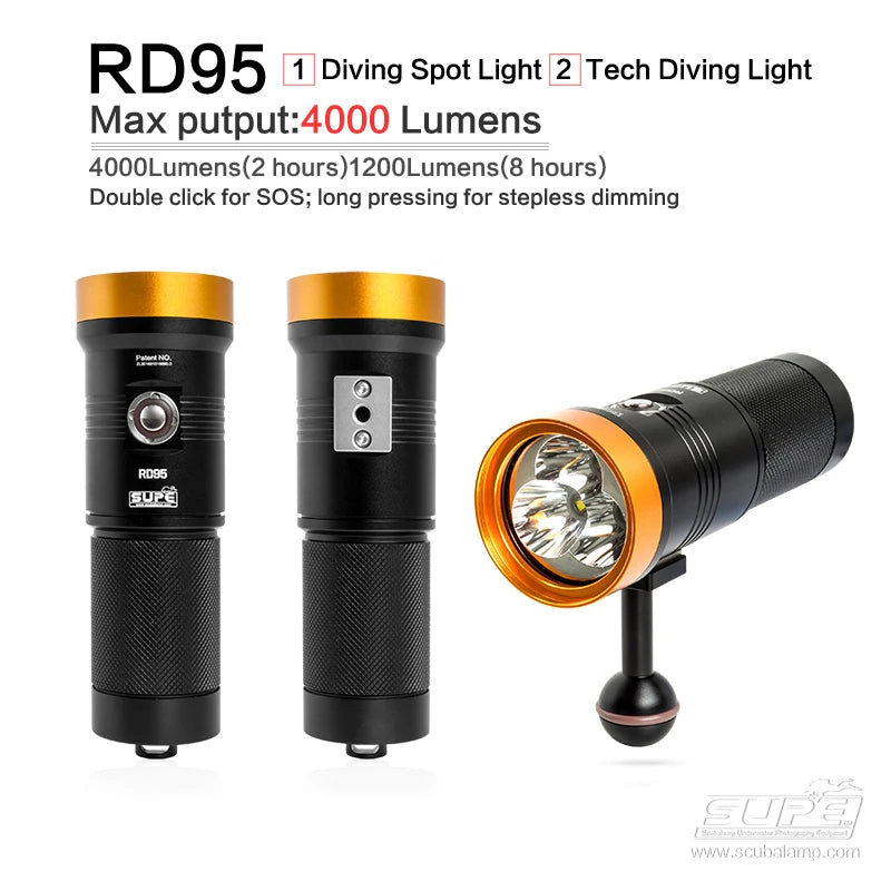SUPE Scubalamp Rd95 Cave Scuba Diving Waterproof 4000 Lumens Glare Spotlight Flashlight