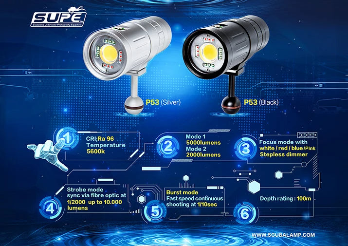 SUPE Scubalamp P53 5000 Lumens Strobe Light Video Light Underwater Photograpy
