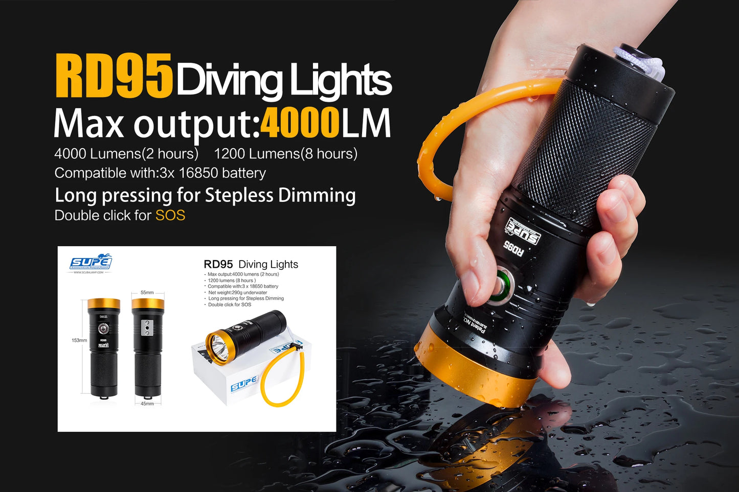 SUPE Scubalamp Rd95 Cave Scuba Diving Waterproof 4000 Lumens Glare Spotlight Flashlight