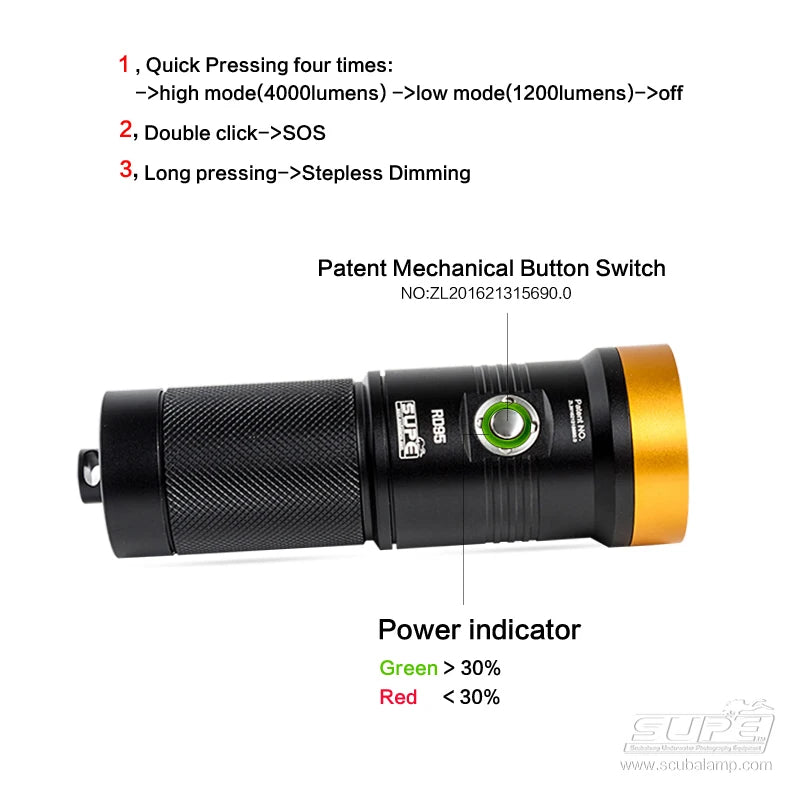 SUPE Scubalamp Rd95 Cave Scuba Diving Waterproof 4000 Lumens Glare Spotlight Flashlight