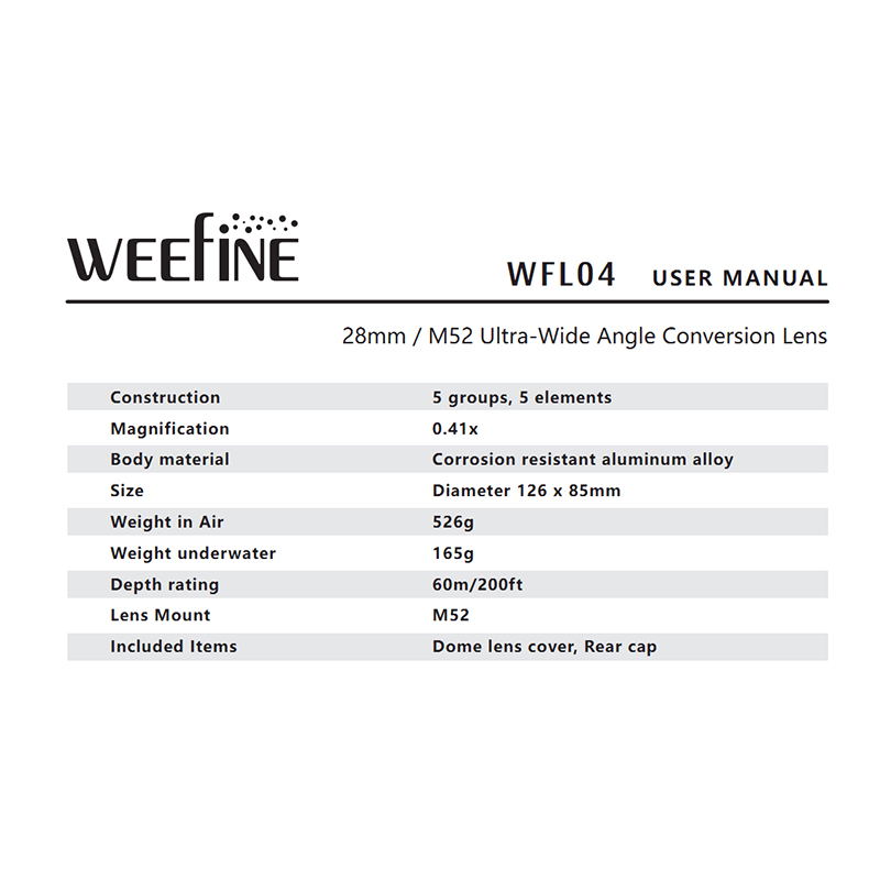 Weefine WFL04 Waterproof Fisheye Wide Angle Lens M52 52mm Mount 28mm For TG5 PT-058 Camera Housing Underwater Photography