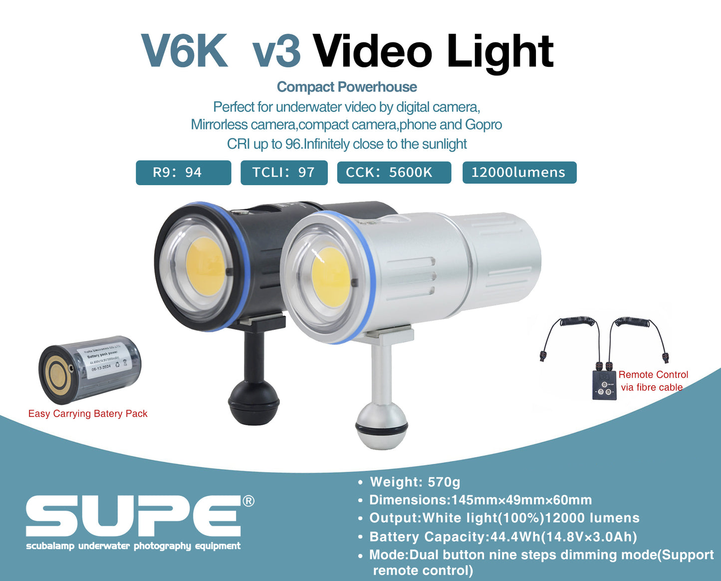 SUPE V6Kv3 Video Light Scuba Diving Photography Lamp 12000 Lumens