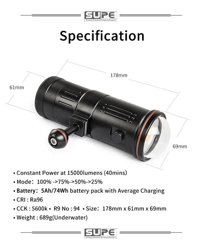 Supe Scubalamp V7k 15000-lumens Video Light 100 Meter Waterproof Scuba Diving Lamp