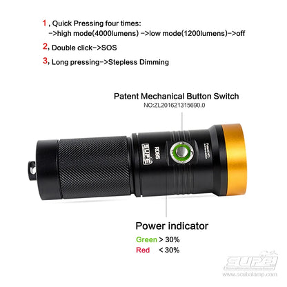 SUPE Scubalamp Rd95 Cave Scuba Diving Waterproof 4000 Lumens Glare Spotlight Flashlight