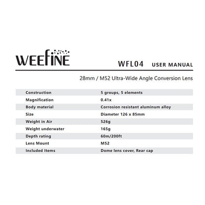 Weefine WFL04 Waterproof Fisheye Wide Angle Lens M52 52mm Mount 28mm For TG5 PT-058 Camera Housing Underwater Photography