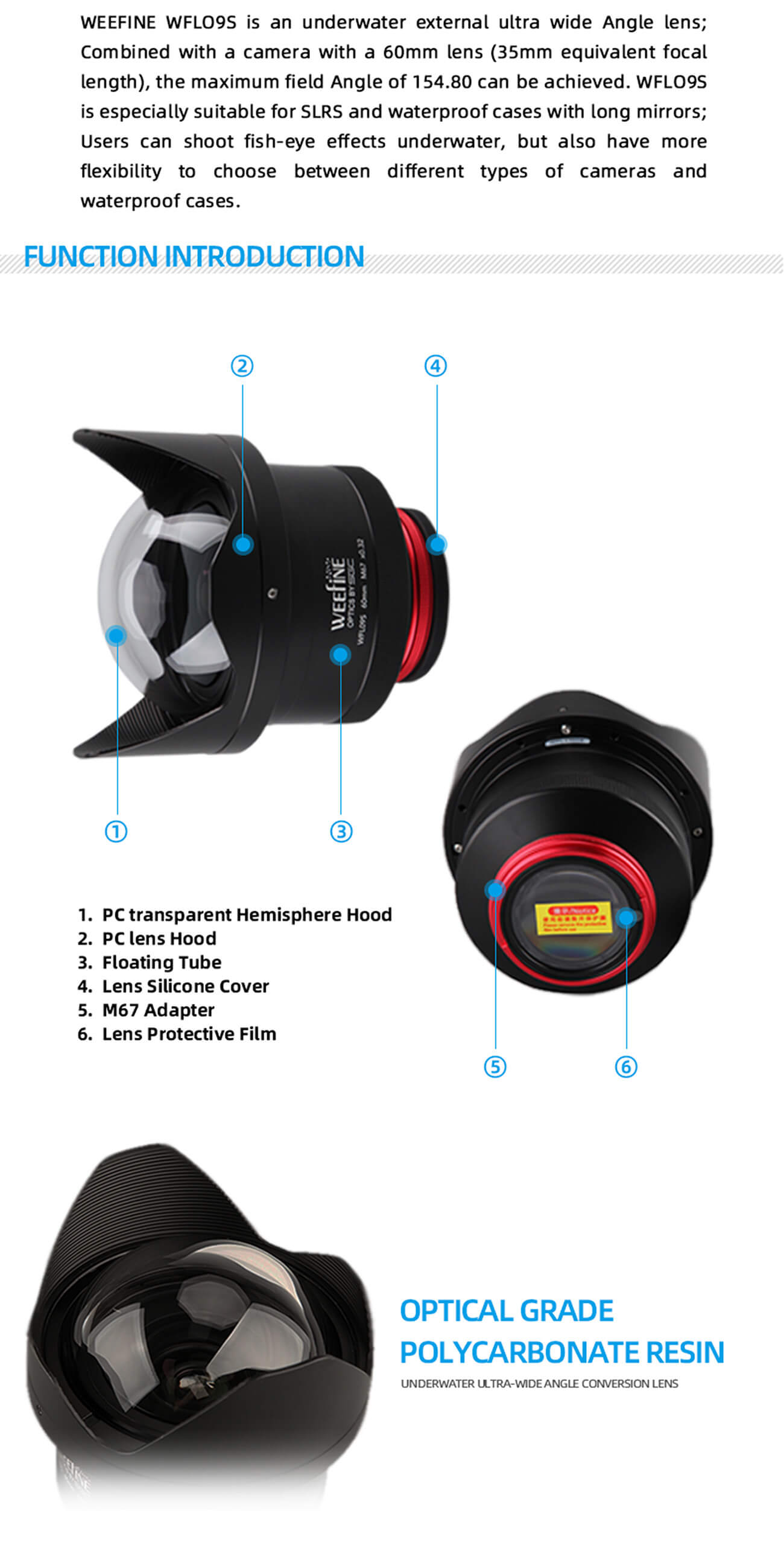 WEEFINE WFL09S Ultra-Wide Angle Conversation Lens M67-60mm Underwater Photography Scuba Diving Camera Housing Wide-Angle Lens